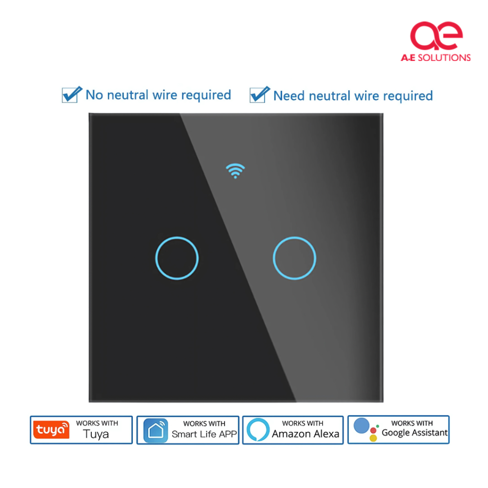 WiFi Touch Switch Panel 2 Gang – Works with Alexa, Google Assistant White & Black