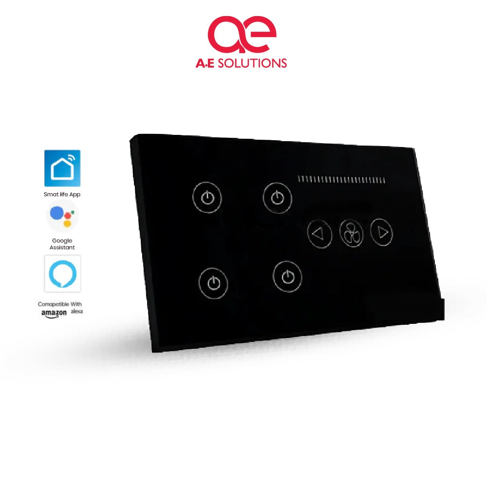 4 Gang Smart Switch With Fan Dimmer | Black Glass Panel