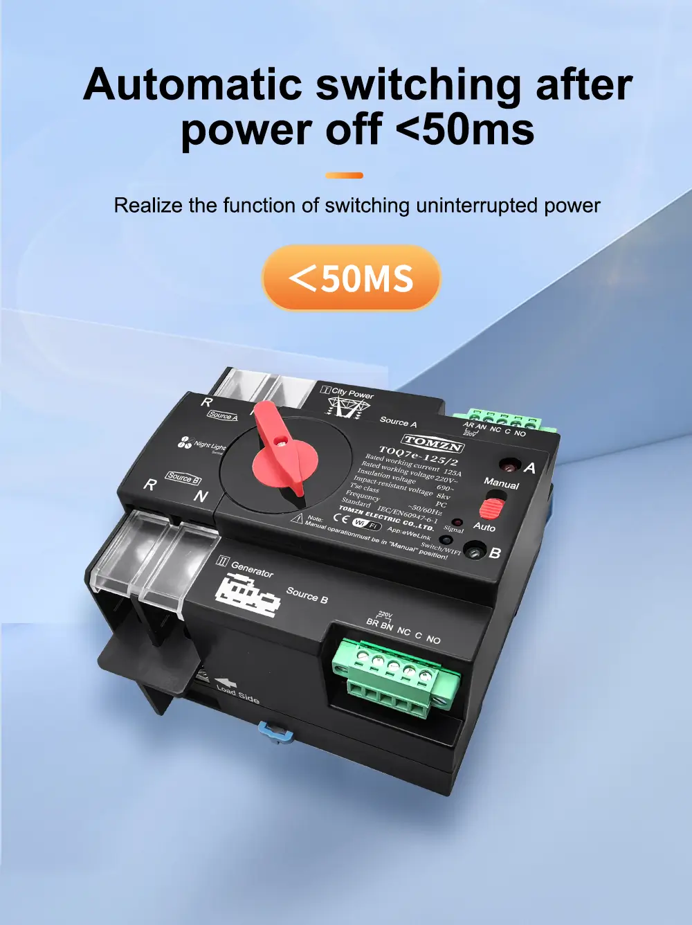 Tomzn Smart WiFi ATS Dual Power Automatic Change Over 125A