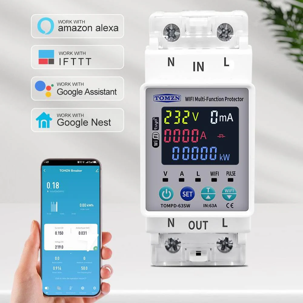 Tomzn TOMPD 63SW- 63A WIFI Protector With Voltage Current And Leakage Protection Mini 10in1