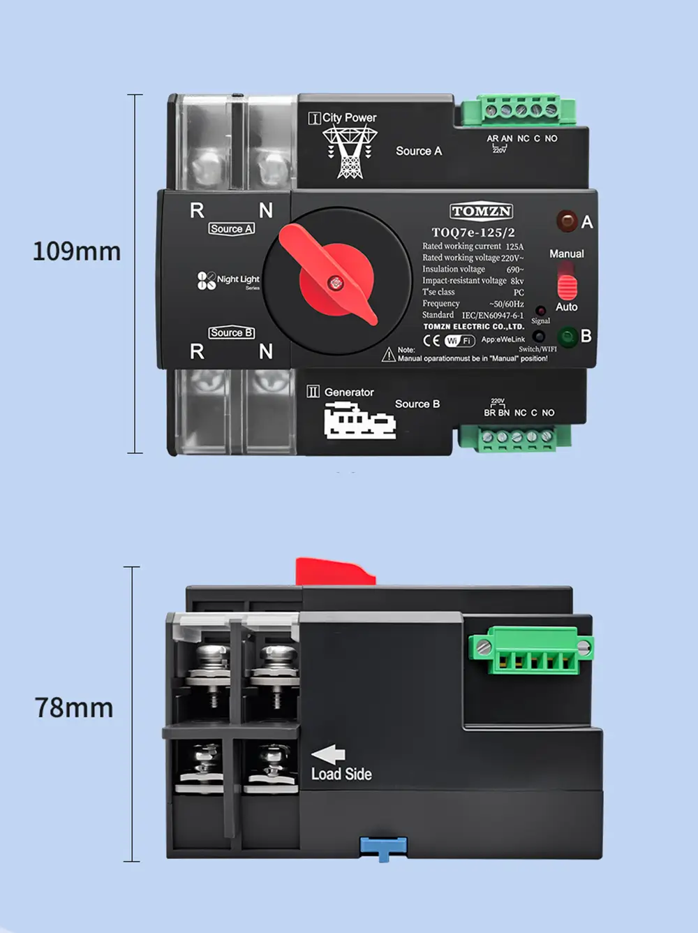 Tomzn Smart WiFi ATS Dual Power Automatic Change Over 125A