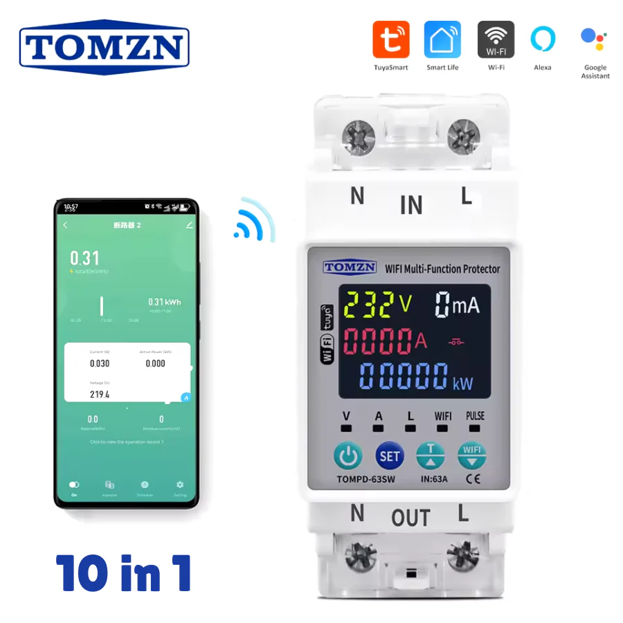 Tomzn TOMPD 63SW- 63A WIFI Protector With Voltage Current And Leakage Protection Mini 10in1