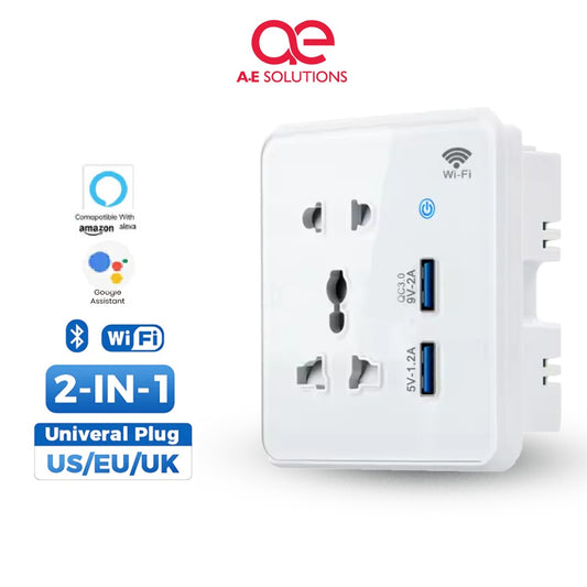 Smart WiFi Wall Socket 10A White with Universal Plug & Dual USB Ports Touch Switch
