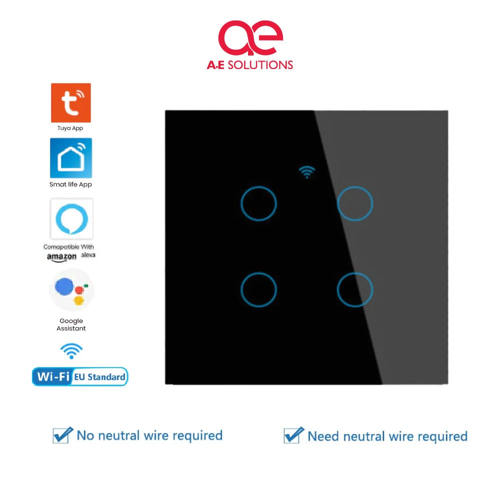 WiFi Smart Touch Light Switch Panel 4 Gang – Works with Alexa, Google Assistant