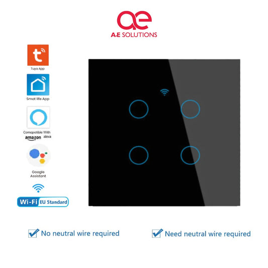 WiFi Smart Touch Light Switch Panel 4 Gang – Works with Alexa, Google Assistant